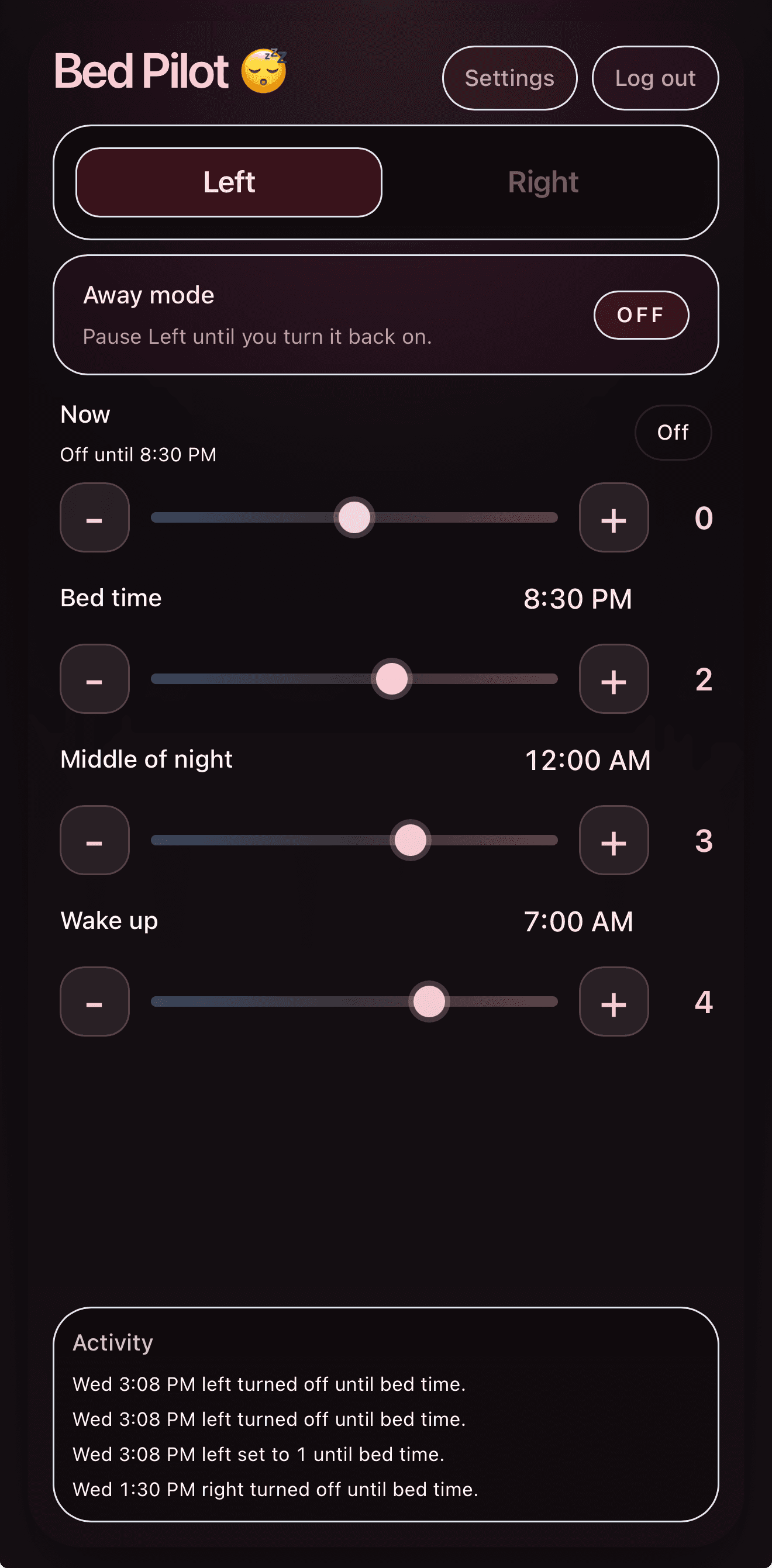 Bed Pilot app screenshot showing scheduling controls, away mode, and recent activity.